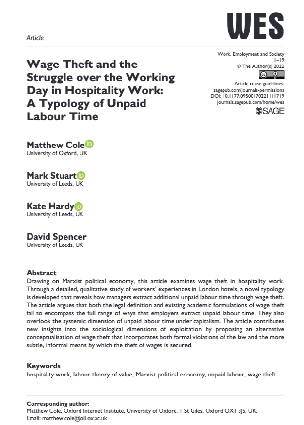 Wage Theft and the Struggle over the Working Day in Hospitality Work: A ...